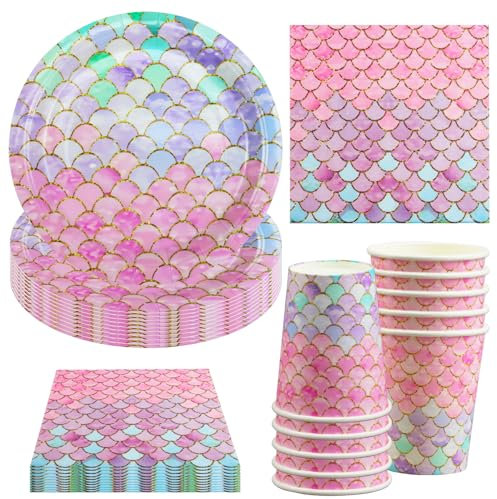 Hmfmdy Set di stoviglie per feste a forma di sirena, 40 pezzi, decorazione per feste di compleanno, con piatto di carta, tovaglioli, feste di compleanno per bambini, per 10 ospiti