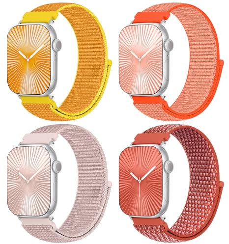 4 Stück Sport Nylon Armband kompatibel mit Apple Watch Armbander 38mm 40mm 41mm 42mm 44mm 45mm 46mm 49mm für Damen Herren,Stoff Ersatz Solo Loop Armband für iWatch Serie 10 9 Ultra 8 7 6 5 4 3 2 1 SE
