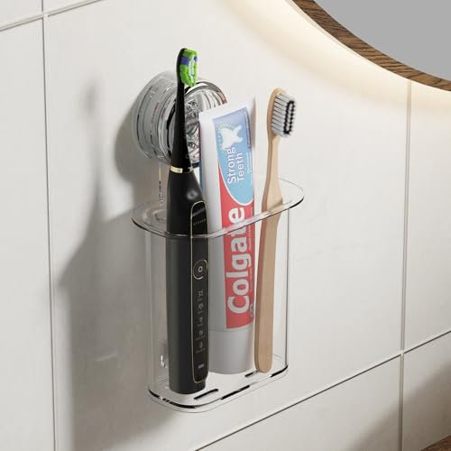 PAVSTINE Suction Toothbrush Holder Small, Electric Toothbrush Stand No Drilling, Tooth Brush Holder Wall Mounted, MAX Hold 3 KG, Remove Toothpaste Holder for Bathroom, Kitchen, Transparent