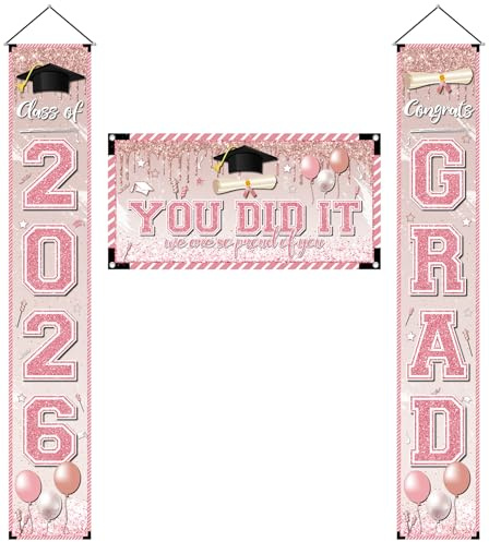 Rosa Abschlussdekoration, Abschlussbanner Klasse 2025, Congrats Grade Veranda-Schild, Banner und You Did It Hintergrund für High School College Grade Partyzubehör