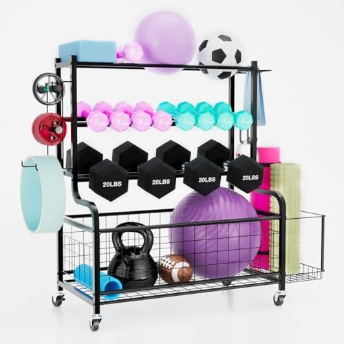 Lhysn Dumbbell Storage, Yoga Mat Weight Rack, with Wheels and Hooks, Gym Storage for Yoga Equipments, for Dumbbell, Yoga Block, Foam Roller, Workout Equipment Storage Organizer, for Home, Gym