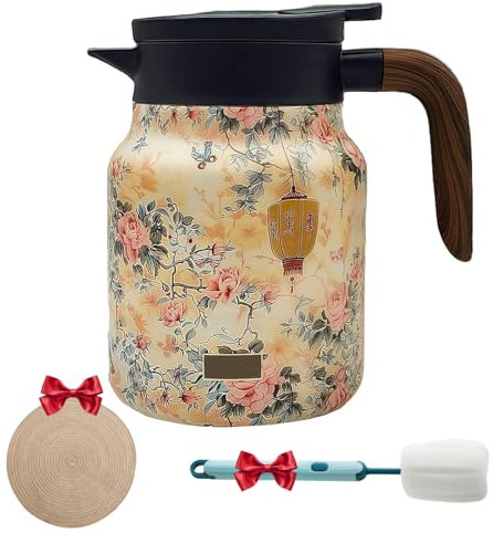 Doresty 1000 ml Stainless Steel Thermal Jug with Vintage Floral Pattern & Integrated Herbal Tea Strainer - Insulated Warming Jug for Hot Drinks, Double Filter Technology + Elegant Design (Yellow)
