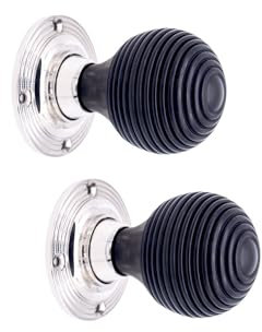 Infinity Decor Victorian Pure Ebony Wooden Beehive Mortice Rim Door Knobs Pull Handles on Polished Nickel Rose Plate 55mm – Ideal for Interior & Exterior Doors