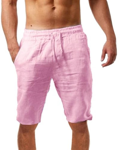 Bermuda en lin pour homme - Short d'été en lin - Taille ample - Pantalon de survêtement confortable - Séchage rapide - Décontracté - Léger - Pour motard, Rose, XXXL