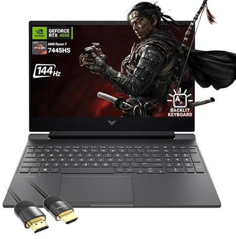 HP Victus 15.6 FHD 144Hz Gaming Laptop - AMD Ryzen 7 7445HS, 32GB RAM, NVIDIA RTX 4050 GPU, 1TB SSD, Backlit Keyboard, Wi-Fi 6E PDG HDMI Cable, US Version KB, Mica Silver, Windows 11 Pro