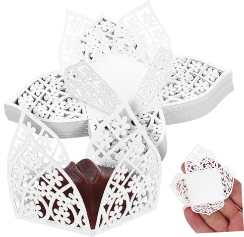 TOYZFRIENDY 50 Stück Candy Box mit Filigranem Hohlmuster Papier Trüffelbecher Weiße Hochzeit Süßigkeiten Verpackung Kompakte für Pralinen und Bonbons Sichere und Praktische Geschenkverpackung
