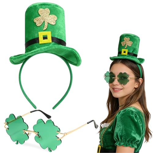 Nirecu St Patricks Day Accessoires,Irische Kleeblatt Brille und Shamrock Haarreif,Kostümparty Grün fur St. Patricks Day,Karneval,Irland,Mottoparty