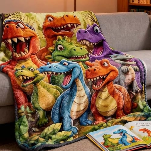 VUKHWX Dinosaurier Decke, Lustige Kuscheldecke mit Niedlichen, Lächelnden Dinosauriern, Niedliche Lächelnde Dinosaurier, HD Digitaldruck, Flanell, Ganzjahresdecke, wärmeregulierend (100X150cm)