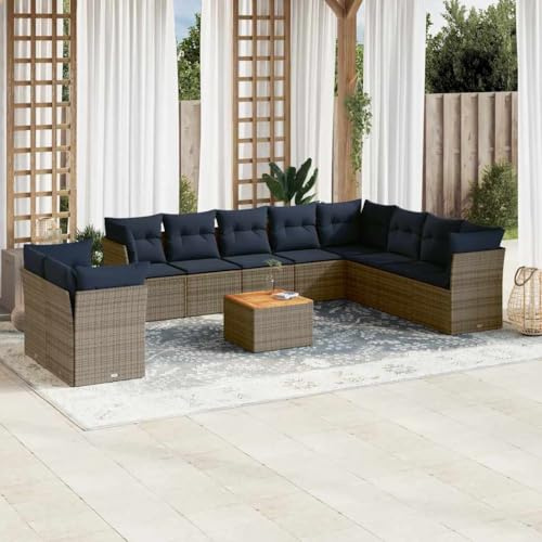 Runheo 11-TLG. Garten-Sofagarnitur mit Kissen Grau, Poly Rattan Lounge Set, Modulares Outdoor Möbelset mit Stauraum für Terrasse, Balkon, Akazienholz-Tisch