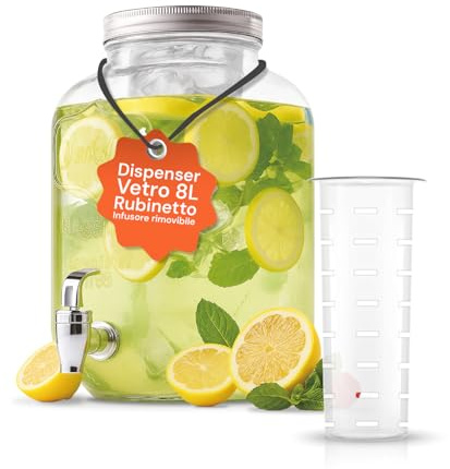 Avilia - Dispenser Bevande in Vetro 8 Litri con Rubinetto in Alluminio e Infusore per Acqua e Succhi, Grande Capacità per Feste ed Eventi, Utilizzo da Tavolo, Design Elegante e Resistente