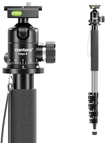 Walimex pro 1983 Monopode en Carbone + kit tête à rotule Onyx 8, trépied de Voyage jusqu'à 185 cm de Hauteur avec tête de trépied en Aluminium et Plaque à Fixation Rapide Compatible Arca-Swiss