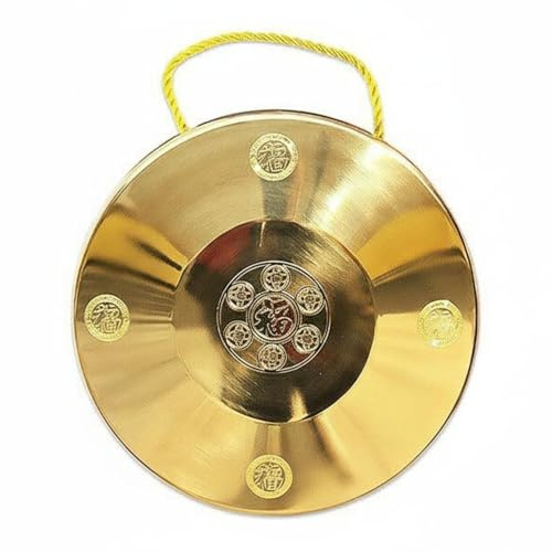 DEVNWIGMO Gong Chinois Instrument Percussions Support Décoratif Alliage Ornement Bureau Esthétique Raffinée Ambiance Adapté à la Décoration Méditation, Alliage De Cuivre 22CM