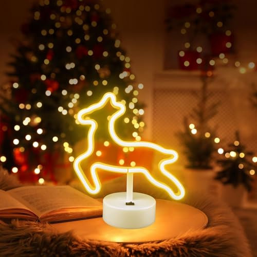 Aslanka Weihnachtselch-Neonlicht – Hirsch Tischlampe, USB-/batteriefreies Nachtlicht, Geburtstagsfeier-Geschenk, LED-Kinderzimmerdekoration,Weihnachtsdekoration