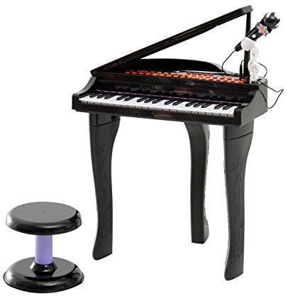 HOMCOM Piano Infantil 37 Teclas Teclado Electrónico Juego de Piano con Micrófono Taburete Luces y 22 Canciones USB/MP3 Karaoke Modo de Enseñanza Negro