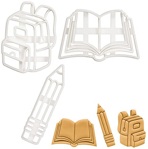 Satz von 3 Zurück Zur Schule Ausstechformen (Formen: Rucksack, Buch und Bleistift), 3 Teil