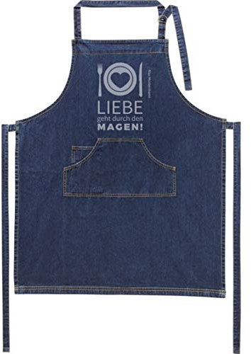 Jeans-Schürze mit Namen - Motiv Liebe - lustig - viele Motive - Kochschürze - Grillschürze - personalisiert - dunkelblau - Größe 75x90 cm - persönliches Geschenk - mit Wunschname - mit Wunschmotiv