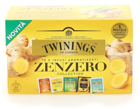 Twinings, Zenzero Collection, Selezione di Cinque Pregiate Varietà di Tè e Infusi allo Zenzero Combinato con Gusto di Frutta, Erbe e Spezie, Confezione da 20 Filtri