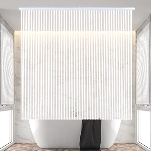 Jakooz Rollup Shower Curtain for Bathroom. Waterproof, 100% PEVA, Heavy Duty Shower Roller Blind Curtain for Bathtub. No rods, No Hooks, No Rings! (56x95) (White Stripe)