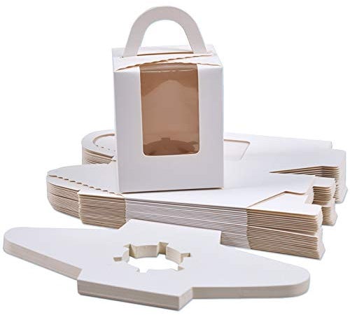 Goalfly 24 Pieces Single Cupcake Boxes, Cake Boxes with Window, Cupcake Carrier with Inserts, Individual White Bakery Boxes with Handle, for Bridal Showers, Weddings, Birthday Parties
