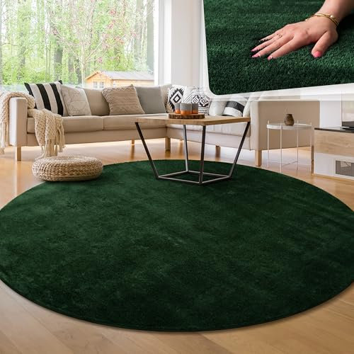 Paco Home Moderner Kuscheliger Wohnzimmer Teppich Kurzflor waschbar flauschig Weich Einfarbig Felloptik zeitlos stilvoll rutschfest pflegeleicht, Grösse:120 cm Rund, Farbe:Grün