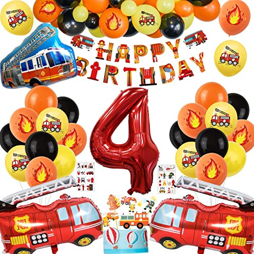 Feuerwehr Deko Kindergeburtstag 4 Jahre, Feuerwehr Deko 4. Geburtstag Junge, Feuerwehrauto Folienballon Luftballon Geburtstag Deko Tortendeko Feuerwehr für Feuerwehr Geburtstag Deko 4 Jahre