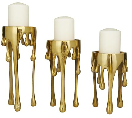 CosmoLiving by Cosmopolitan Stumpenkerzenhalter aus Aluminium mit tropfenden schmelzenden Beinen, 3 Stück, 30,5 cm, 25,4 cm, 20,3 cm hoch, goldfarben