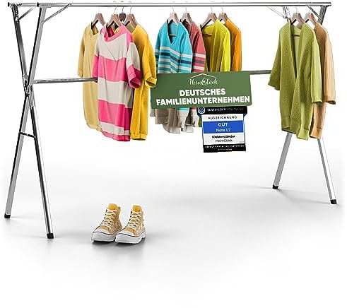 HeimGlück Kleiderständer/Wäscheständer Max Silber [Ausziehbar 1.30-2.0m, klappbar, sehr Stabil Edelstahl] Kleiderstange, Garderoben-Ständer, Flurgarderobe, Organizer, offener Kleiderschrank