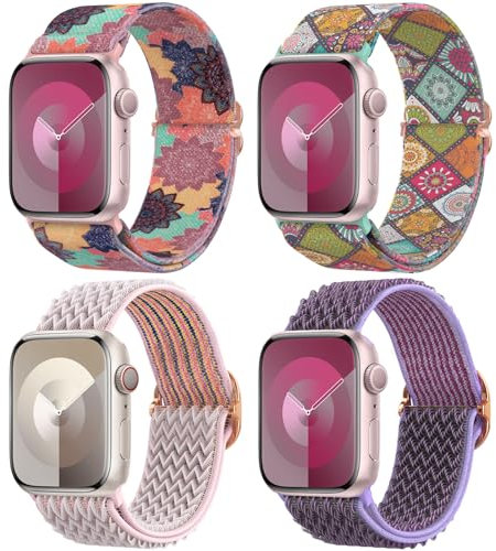 Delidigi Stretchy Straps for Apple Watch Strap 38mm 40mm 41mm 42mm 44mm 45mm 46mm 49mm Women Men, 4 Pack Nylon Adjustable Sport Band for iWatch Ultra/Ultra 2 Series 10 9 8 7 6 SE 5 4 3 2 1