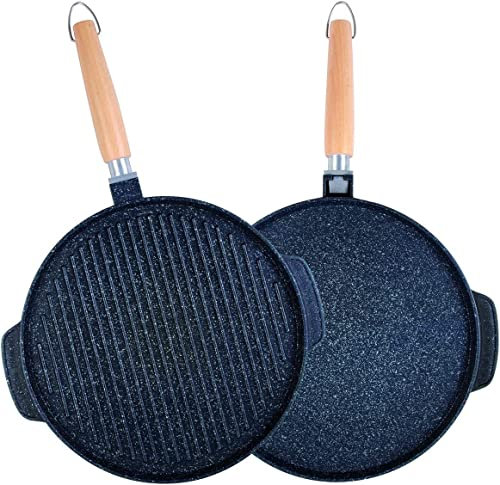 G GRIMALDI Padella in Pietra LAVICA Antiaderente Doppio Lato Liscio/GRIGLIATO VITRINOR Originale (28CM)