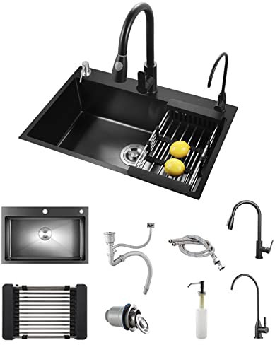 Umisu Évier Cuisine Noir en Acier Inoxydable 68 * 45CM, Évier Simple avec Robinet Extensible, Distributeur de Savon et Panier égouttoir avec Robinet Rétractable Panier Distributeur de Savon