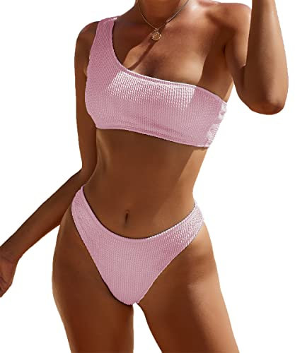 YIMISAN - Bikini da Donna a Due Pezzi con Top a Spalla e Tankini a Vita Bassa, Rosa Chiaro, S