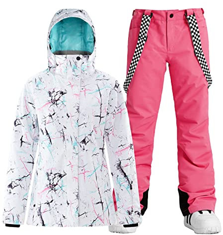 GSOU SNOW Ski Sets für Frauen Ski Jacken und Hosen Schneeanzug Snowboard Mantel outfits Warme Kapuze Wasserdicht Winddicht Isoliert, Rosa Weiß 1, Small
