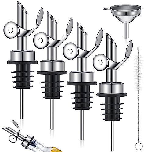 Tioncy 4 Pieces Weighted Stainless Steel Pourers Olive Oil Spout Olive Oil Dispenser Spout Automatic Opening and Closing with Funnel and Brush for Pouring Wine Syrup Kitchen(Silver)