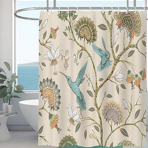 Minicoco Integrated Room Shower Curtain 100% Polyester Waterproof Mould Proof Floral Shower Curtain with 12 Hooks, 180 x 180 cm (White Flower Bird)