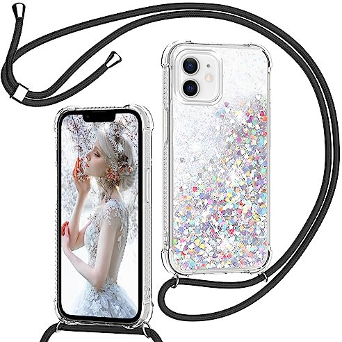 TUUTPU Handyband für iPhone 12/iPhone 12 Pro Hülle mit Band, Glitzer Treibsand Handyhülle mit Kordel zum Umhängen Transparent Stoßfest Schutzhülle mit Kette Schnur, Quicksand Necklace Case in Schwarz