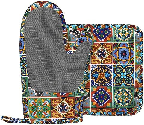 Home Talavera Ensemble de gants de cuisine et de maniques en silicone, carreaux mexicains résistants à la chaleur, gants de barbecue pour cuisine, grillades et micro-ondes