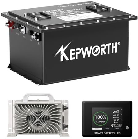 KEPWORTH 36V 100Ah LiFePO4 Batterie, Golfwagen Boot Batterie, 200A BMS, Max. 15000 Zyklen Deep Cycle Lithium Akku,Mit einem Batteriemonit,20A Ladegerät