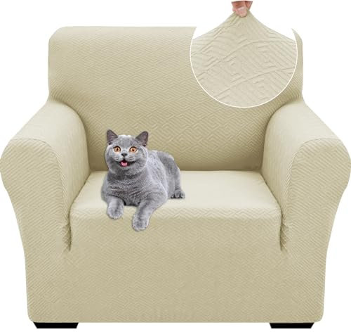 Ystyle Stretch Sofa Überzug 1 Sitzer, Sesselschoner rutschfest Mit Armlehne, Elastische Couch Überzug Jacquard, Universal Sofa Cover Moderne, Sofaschoner Hund Katze Wohnzimmer, Helles Beige