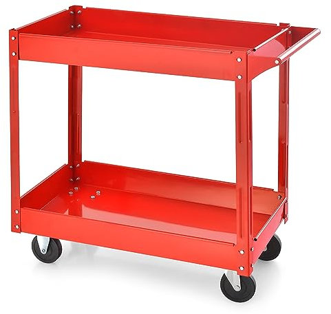 GYMAX Werkzeugwagen aus Metall, multifunktionaler Servierwagen mit 2 Ablagen, Etagenwagen bis zu 100 kg belastbar, Transportwagen mit Handgriff, rollwagen für Lager, Garten, Küche & Garage (Rot)
