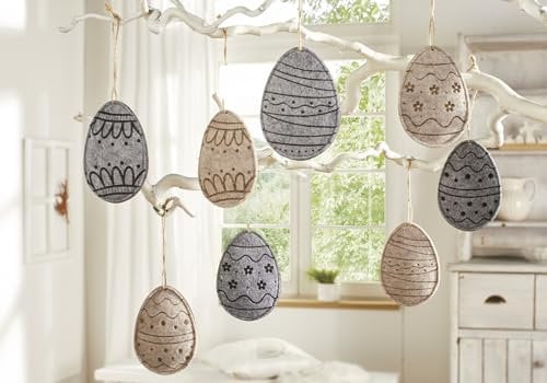 8X Dekohänger Osterei aus Filz in grau und beige, 12 cm hoch, Ostereier zum Aufhängen, Hängedeko, Osterdeko