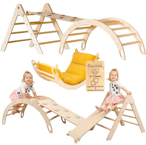 WoodsCraft 3in1 Set: Kletterdreieck, Kletterbogen & Rutsche/Kletterrampe | mit hypoallergen Kissen für Kletterbogen, holz Montessori Klettergerüst indoor, Babyrutsche, Klettern Baby & Kinder