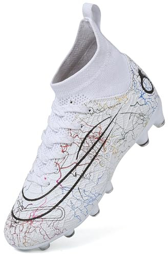 Dhinash Boys' Football Boots Kids Astro Turf Trainers Spikes Football Shoes Girls Cleats Soccer Shoes Junior Sports Shoes Outdoor Athletic Sneakers Unisex W028 White 4UK