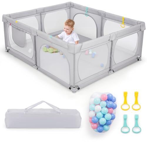 COSTWAY Laufstall Baby 189 x 158 cm, Laufgitter mit 50 Spielbällen & 4 Zugringen & 4 Reißverschlusstür, Krabbelgitter mit atmungsaktivem Netz, Laufgitterzelt für Kleinkinder (Ohne Matratze,Hellgrau)