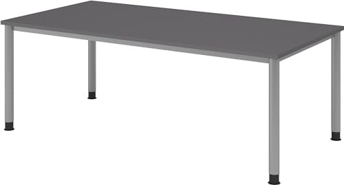 bümö höhenverstellbarer Schreibtisch H-Serie 200x100 cm in Graphit, Gestell in Silber - großer PC Tisch für's Büro manuell höhenverstellbar, Computertisch verstellbar