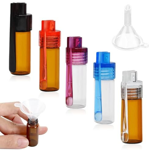 5 Pcs Spice Powder Tool Storage Bottle with Spoon, Small Glass Bottle Kit with Mini Funnel, Portable Spice Powder Tool, Leak-Proof & Waterproof, Pocket Snuff Glass Bottles for Outdoor Travel (51MM)