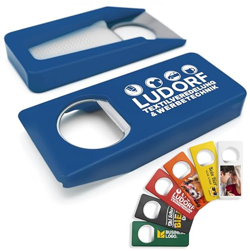 #teamludorf - 50 Stück Multifunktionaler Flaschenöffner in Blau – personalisierbar mit Wunschtext und Foto, in bis zu sieben Farben erhältlich, tolles Geschenk für jede Gelegenheit