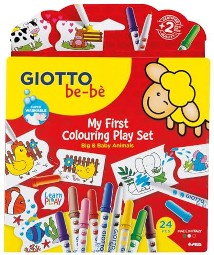 Giotto be-bè My First Colouring Play Set, Rotuladores de Fibra Súper Lavables, Punta 5 mm, Estuche de Cartón, 14 colores surtidos, 24 piezas