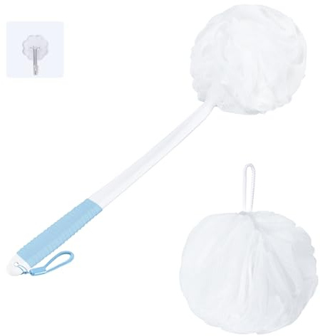 VANZAVANZU Loofah Sponge Set Shower Puff, 17 Anti-Slip Plastic Long Handle Loofah Body Scrubber with Exfoliating Shower Sponge, PE Soft Mesh Bath Sponge Luffa-White with Blue Grip