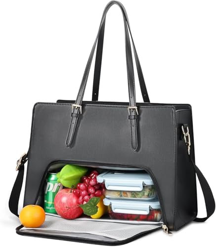 BERTASCHE Tote Laptoptasche mit Isoliertem Lunchfach für Damen, Groß Lunchtasche mit Kühlfac 15.6 zoll Leather Laptop Tote Bag Wasserdicht Tragetasche für Arbeit, Büro, Business, Schwarz