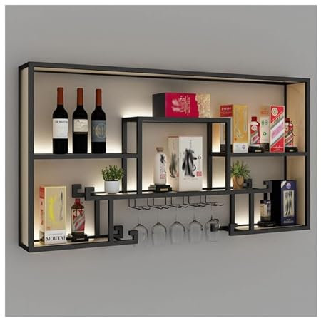 DGAMHF Schwimmendes Barregal mit LED-Beleuchtung, Metallregal für Weinflaschen und Glas, Weinflaschenregal, beleuchtetes Regal für Bars